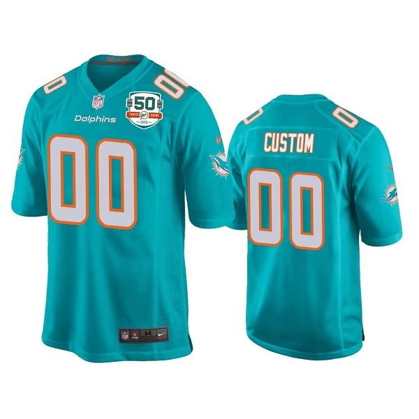 Men's Miami Dolphins Custom Aqua With 50th Perfect Season Patch Stitched Game Jersey